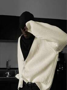 Men's Casual Loose Ribbed Button-Up Long Sleeve Knit Cardigan, Versatile For Commuting, Autumn/Winter - Beige - View 2