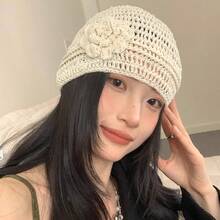 Women's Crochet Cap With Floral Accents, Cute And Sheer, Simple Design For Spring And Summer, Beige - Black - View 2