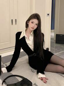 Vestidos elegantes para dama Falso dos piezas de imitación formal negro cintura delgada otoño y el invierno puro deseo viento falda corta picante paquete chica vestidos de cadera - Negro - Ver 4