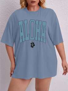 Oversized Printed Aloha Flower T-Shirt, Summer/Spring Short Sleeve Blouse, Lightweight Gym Wear - Baby Blue - View 6