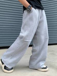 男士纯色抽绳松紧腰休闲宽松运动裤，宽松平角裤，户外简约拼接裤，适合学生和男士 - 淺灰色 - 查看 5