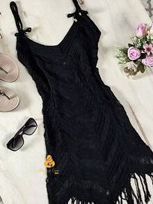 Beach Cover-Up With Fringe And Ocean Wave Pattern - 深灰色 - 查看 2