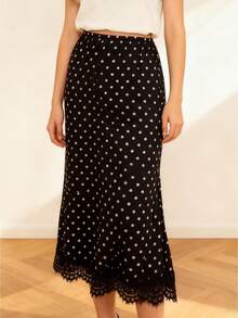 Womens Summer Long Skirt Dot Print Lace Trim Hem Stylish Skirt For Casual And Party Wear - 黑色 - 查看 1