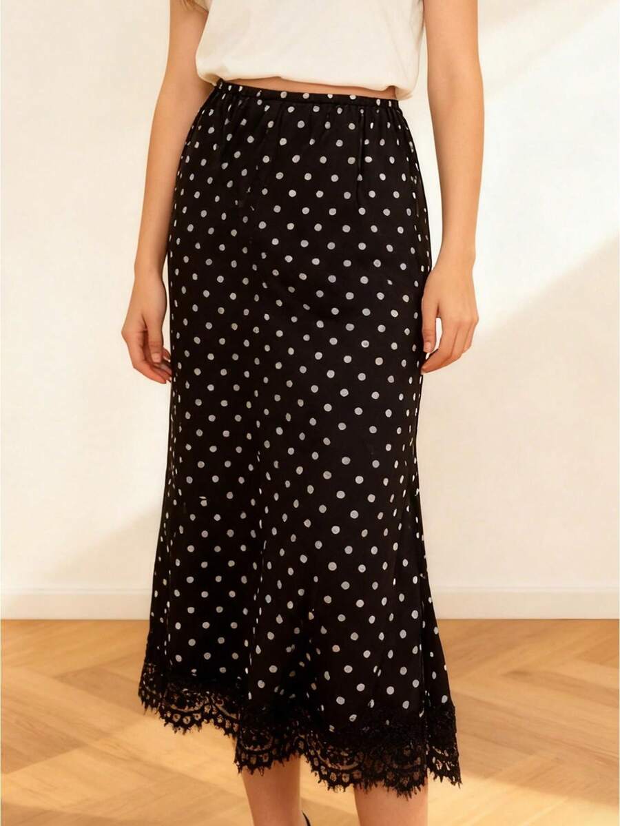 Womens Summer Long Skirt Dot Print Lace Trim Hem Stylish Skirt For Casual And Party Wear - 黑色 - 查看 1