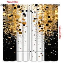 2Pcs Curtain 2D Flat Futuristic Abstract Pixelated Composition With Central Gray Vertical Stripe Black And Gold Symmetrical Pixels Reflective High - Tech Aesthetic Window Drapes For Bedroom Living Room Decoration Window Treatment.