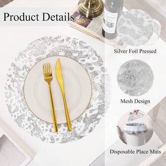 12/24/50/100/150片装一次性银色餐垫，13英寸闪亮银色金属网圆形餐垫，银箔网压纹桌垫，银色餐垫，适用于餐桌、婚礼、圣诞节、感恩节、情人节、生日派对、节日装饰