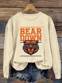 ClothesChristmas Fit Women Plus Size, Chicago Bear Head Print Sweatshirt, Round Neck Casual Sweatshirt, Suitable For Autumn And Winter, Plus Size Women's Loose And Comfortable Thanksgiving Fit WomenLoose And Comfortablewinter Clothes For Women - 杏色 - 查看 1