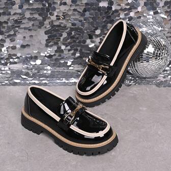 2025 New Women's Solid Color Preppy School Style Rubber Lace-Up Loafers, Spring/Autumn