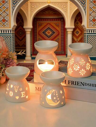 5 piezas Difusor de aceites esenciales de cerámica, calentador de cera con vela y cuchara, soporte para vela aromática, decoración del hogar y dormitorio, regalo de inauguración de casa y Navidad