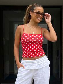 Women Camisole, Sleeveless Tops Dots Print Slim Fit Summer Vest Streetwear For Party Club Women's Black  White Large Polka Dot Spaghetti Strap Tank Top - Fitted Cropped Hem Stretchy Fabric Minimalist Versatile Casual Daily Wear(S-L) - 紅色 - 查看 3