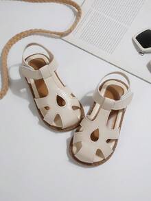 1 Pair Summer New Girls Sandals, Toddler/Kids Woven Closed Toe Soft Bottom Non-Slip Flat Beach Sandals - Beige - View 2