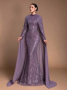 Women's Heavily Beaded & Sequined Stand Collar Long Sleeve Cape Dress, Luxury Wedding, Formal Evening Gala, Prom, Awards Ceremony, Corporate Party Gown, High-End Elegant Party Dress - 深紫色 - 查看 8