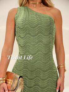 Women's Long Party Dress, Modal Knit, One-Shoulder Neckline, New Year's Eve/Christmas Dress, White/Red Knit - 橄欖綠 - 查看 3