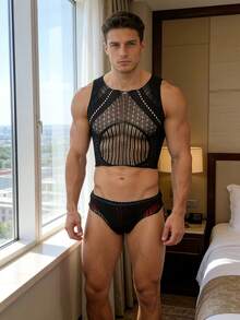 Sexy Fishnet Shirt Men's Lingerie Set, Hollow Out Sheer Nightclub Performance Outfit