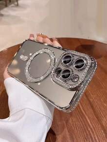 2025 Luxury Rhinestone Studded Phone Case, Compatible With IPhone 17 AIR 16 15 14 13 12 11 Pro Max Plus, Magnetic Transparent Lens Protection - Silver - View 2