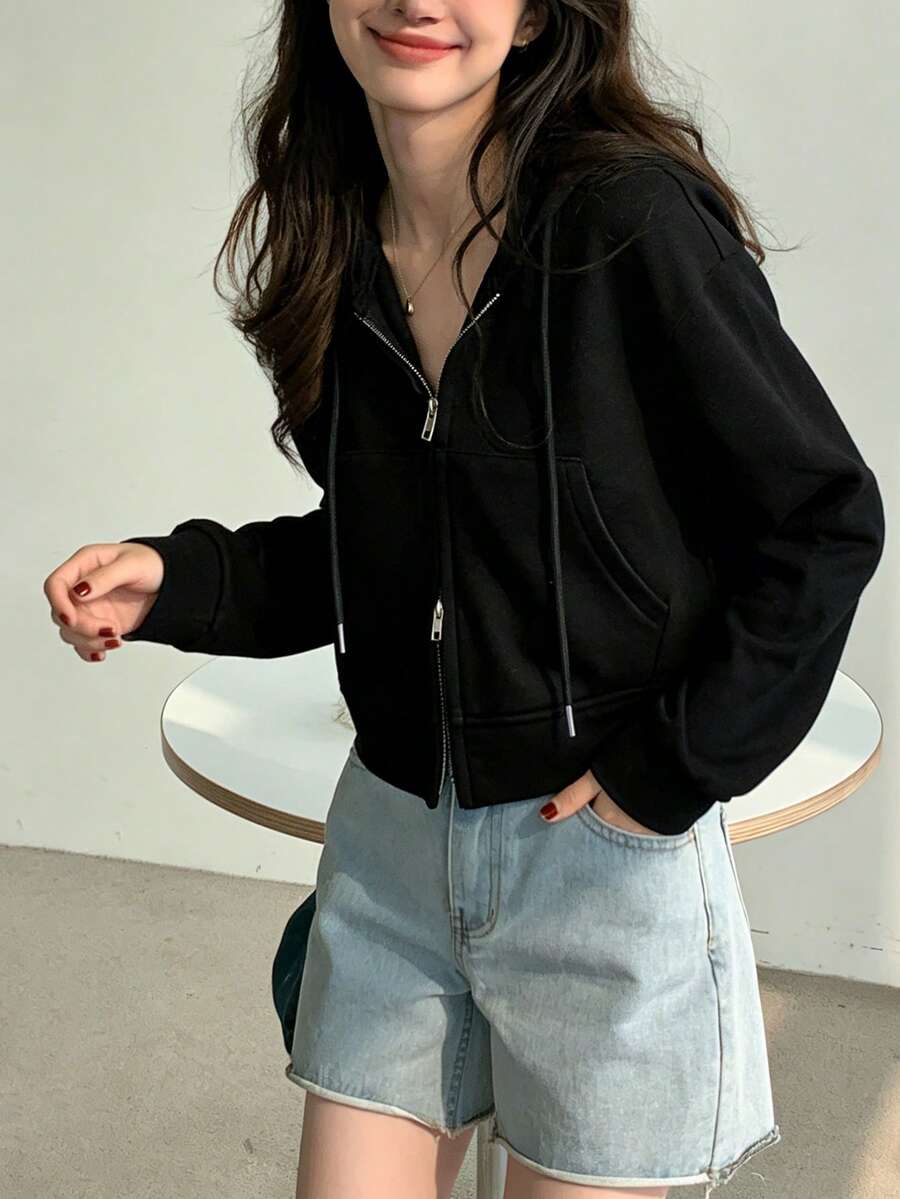 Sweatshirt Hoodie Pendek Wanita Motif Warna Polos dengan Resleting Ganda, Pakaian Luar Musim Dingin Tipis, Musim Gugur, Sweatshirt Resleting Hitam Gaya Y2K, Cocok untuk Pemakaian Sehari-hari dan Kembali ke Sekolah - Hitam - View 1