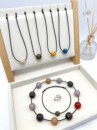 1 pieza Collar de cuentas de madera, hecho a mano con cuentas de madera de colores y colgante con textura de madera, accesorio ajustable para el cuello, collar unisex de uso diario, regalo del Día de San Valentín