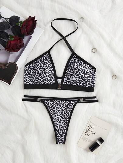 1 Set Sexy Leopard Print Halter Criss-Cross Bra And Thong Panty Lingerie Set