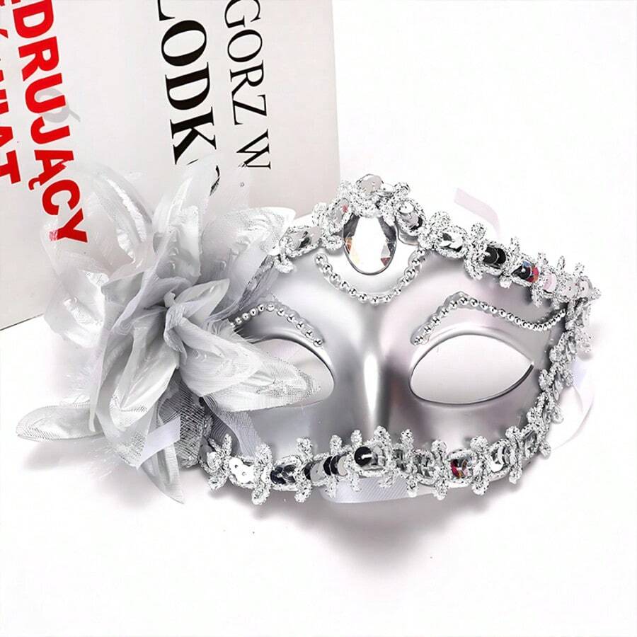 Masquerade Mask For Women, Black Venetian Masks Flower Lace Elegant Mardi Gras, Party Costume Accessories - Bạc - Xem 1