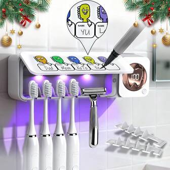 1个免钻孔壁挂式智能牙刷消毒器，带5个槽位，可个性化定制姓名，2000mAh USB充电牙刷收纳盒，带智能清洁功能，可爱的浴室收纳用品，浴室装饰配件，送给朋友、同事、学校、家庭、办公室的圣诞礼物！