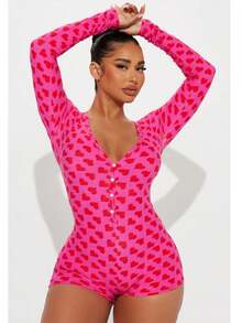 Womens Valentine's Day .Y Romper Y2k Heart V-Neck Shorts Jumpsuit One Piece Bodysuit Pjs Galentine  Pajama - 粉色 - 查看 1