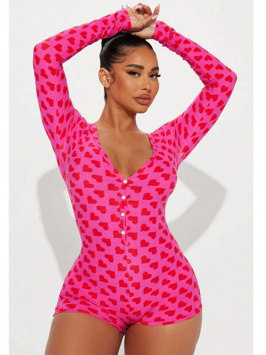 Womens Valentine's Day .Y Romper Y2k Heart V-Neck Shorts Jumpsuit One Piece Bodysuit Pjs Galentine  Pajama - 粉色 - 查看 1