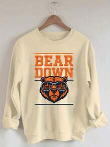 ClothesChristmas Fit Women Plus Size, Chicago Bear Head Print Sweatshirt, Round Neck Casual Sweatshirt, Suitable For Autumn And Winter, Plus Size Women's Loose And Comfortable Thanksgiving Fit WomenLoose And Comfortablewinter Clothes For Women - 杏色 - 查看 2