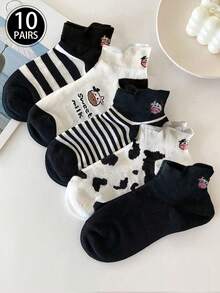 5 Pairs/10 Pairs (Random Style) Spring/Summer Black & White Cartoon Cow Ear Cut Ankle Socks, Cute Japanese Style Short Women Socks - Multicolor - View 13