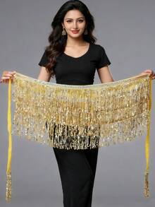 1 pièce Jupe de danse à franges pailletées pour femmes, Écharpe de hanche à franges pour danse du ventre, Jupe à franges pailletées brillantes pour femmes, Costume de scène - Multicolore - Voir 5