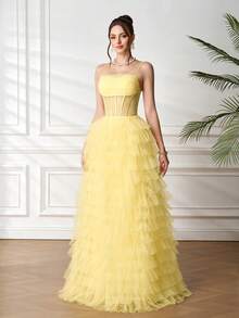Layered Tulle Dress, High Waist Sexy Sheer Spaghetti Strap Cocktail Gown, Elegant Puff Cake Skirt Dress For Birthday Party, Wedding Guest, Cocktail Party - Yellow - View 5