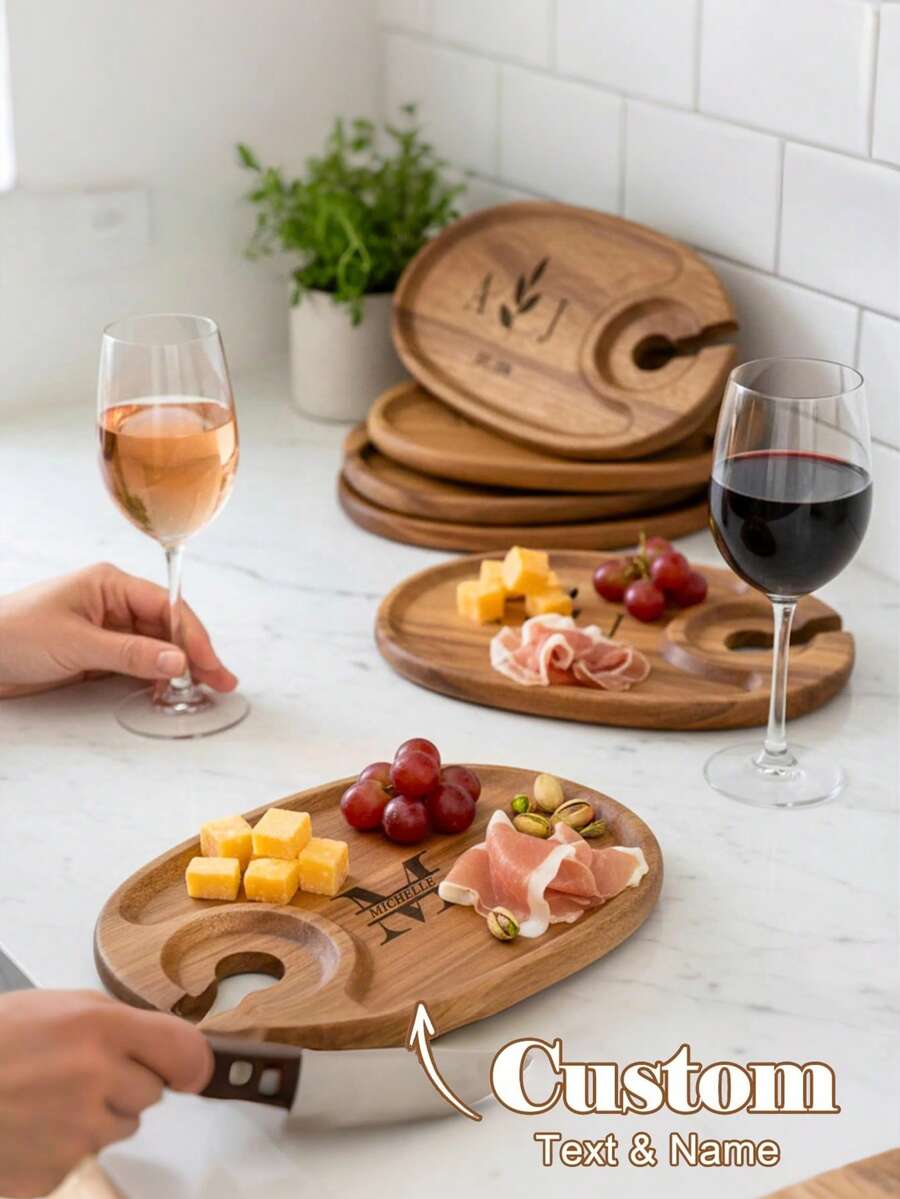 定制托盘，个性化雕刻迷你木托盘，婚礼冷盘礼盒（可刻姓氏），带酒瓶架，定制雕刻迷你木托盘，激光雕刻，木质咖啡托盘，餐盘，茶具托盘，适用于家居装饰、餐饮、宴会和特殊活动，创意礼品/生日/情人节/乔迁/婚礼/父亲节礼物 - 彩色 - 查看 1