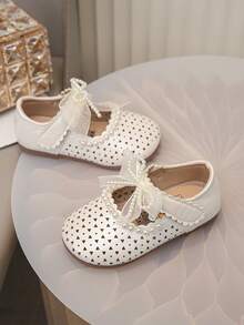1双女童时尚优雅简约舒适珍珠蕾丝蝴蝶结花朵装饰软底公主平底鞋 - 象牙白色 - 查看 15
