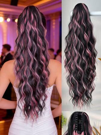 Claw Ponytail Extension Ombre Silver Pink 24 Inch Long Water Wave Hair Heat-Resistant Fiber Synthetic Ponytail Suitable For Daily Use By Women And Girls At Parties