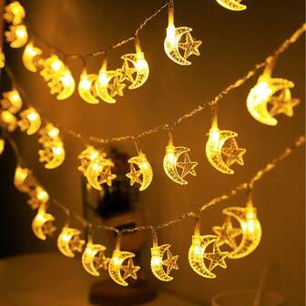 1pc Ramadan Moon With Star String Lights Battery Powered 10/20/30/40 LED Hanging Decorative Lamp For Bedroom Home Ramadan Festival Party Birthday Eid Decoration
