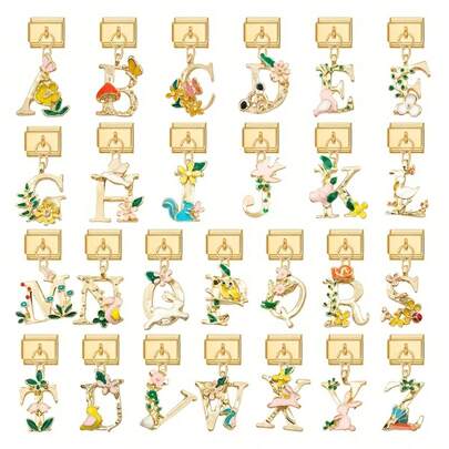1/5/10pcs Elegant Fashionable 26 English Floral Letter Combination Pendant Modules - Ideal For DIY Bracelets, Bangles, Rings, Gifts For Men And Women