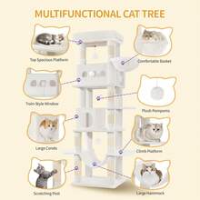 HEXCELEN Cat Tree, 67" Large Tall Cat Tower For Indoor Cats, Multi-Level Cats House With Condo, 8 Scratching Posts, Hammock, 4 Pom Poms, Light Grey/Dark Grey - 白色 - 查看 3