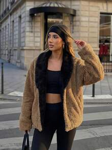 معطف فرو الدب البني الفاخر للنساء، معطف أنيق ذو ياقة من الفرو الاصطناعي الأسود، إطلالة أنيقة لحفلات الكرنفال والخروج الليلي، ملابس خارجية فرو أنيقة - بني - مشاهدة 1