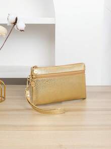 Women's Fashion Wrist Pouch, Caviar Gold PU Clutch Wallet, Multi-Compartment Convenient Long Coin Purse Phone Organizer, Versatile Evening Bag - Gold - View 3