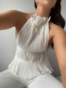 Women's Fashion White Ruched Chiffon Camisole, Backless Tie Design, Ruffle Hem, Regular Length Non-Stretch Fabric Tank Top