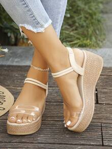 1 đôi sandal đế cao mùa hè dành cho tuổi teen, quai trong suốt, kiểu dáng slip-on, sandal đi biển thời trang tối giản, nhẹ nhàng, đa năng với đế dày. - Trong suốt - Xem 6