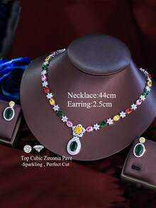 1 套流行多色方晶锆石花朵首饰套装，镀银女士椭圆形 CZ 吊坠耳环和项链，适合婚礼、订婚、宴会、派对、舞会，送给新娘、女友、妻子、圣诞节的礼物 - 彩色 - 查看 6