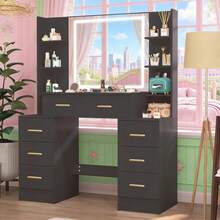 Dressing Table Makeup Vanity Black With Mirror LED Lights 7 Drawers & Shelves - 黑色 - 查看 2
