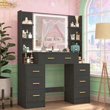 Dressing Table Makeup Vanity Black With Mirror LED Lights 7 Drawers & Shelves - 黑色 - 查看 7