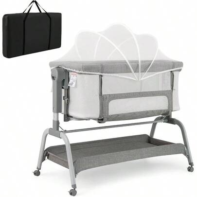 4 In 1 Baby Bassinet With Mattress Baby Bedside Sleeper W/Rocking Mode 6 Adjustable Height Mosquito Net And Lockable Wheels Portable Baby Cradle Travel Crib W/Carry Bag Light Grey