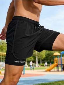 Solid Color Sports Shorts For Spring/Summer, Non-SlipDouble Layer Unisex Running/Outdoor Fitness Shorts,Lightweight Loose Casual Pants Black - Black - View 2