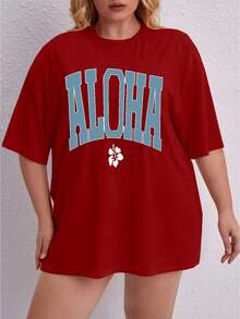 Oversized Printed Aloha Flower T-Shirt, Summer/Spring Short Sleeve Blouse, Lightweight Gym Wear - Red - View 6