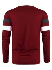 New Men's Colorblock Long Sleeve T-Shirt, Breathable & Comfy Casual Sports Fitness Running Beach Holiday Wear, Spring/Autumn, For Fall - Burgundy - View 2