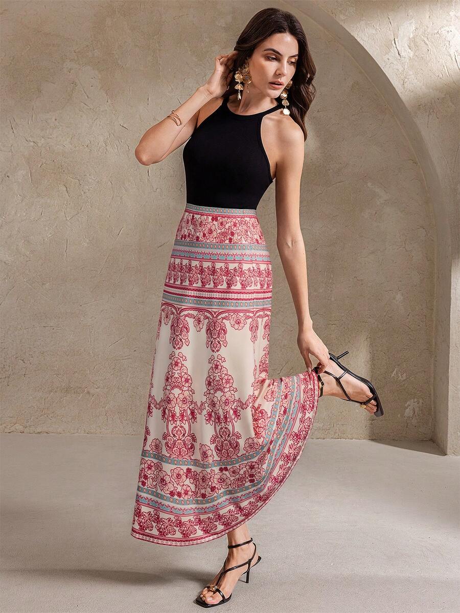 Aliao 优雅花卉拼接印花A字裙，适合夏季海滩度假、情人节、假期、女士半身裙、婚礼季、白色派对、复古风格、宫廷风格、吸睛装扮、优雅日常、度假半身裙、夏季半身裙。 - 彩色 - 查看 1