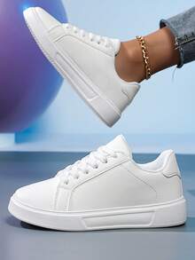 Women's Skate Shoes, White Leather Low-Top Sneakers With Gold Ankle Chain & Thick Sole, Comfortable Casual Shoes For Daily Wear, Breathable Walking Gift For Her​ - trắng - Xem 1