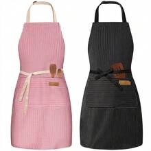 2 Pack Adjustable Bib Apron With 2 Pockets Chef CooFKing Kitchen Restaurant Aprons For Women Men,Red/BlackPinstripes - 紅/黑細條紋 - 查看 1